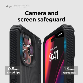 Elago Armor Compatible With iPhone 14 Pro Case 6.1 Inch US Military Grade Drop Protection, Heavy-Duty Protective Case, Carbon Fiber Texture, Tough Rugged Design, Shockproof Bumper Cover, Black, ES14AM61PRO-BK