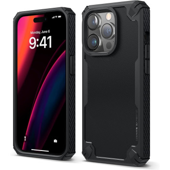Elago Armor Compatible With iPhone 14 Pro Case 6.1 Inch US Military Grade Drop Protection, Heavy-Duty Protective Case, Carbon Fiber Texture, Tough Rugged Design, Shockproof Bumper Cover, Black, ES14AM61PRO-BK