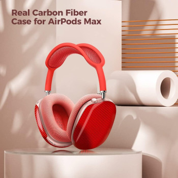 Monocarbon Real Carbon Fiber Case For Airpods Max,Military Grade Protective Hard Cover For Apple Airpods Max Headphone From Daily Scratch,High-End Luxury Essential Accessories, Twill Glossy Red, ‎MONOA0342