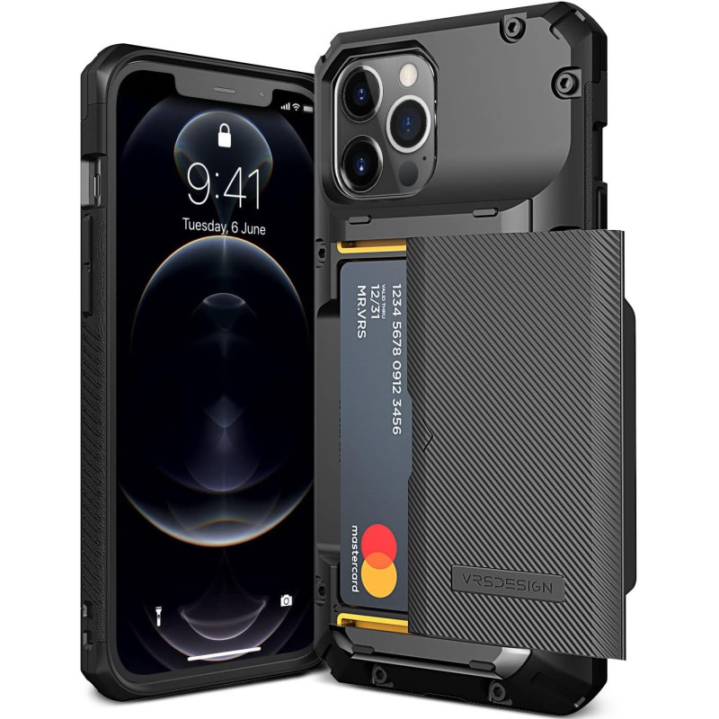 Vrs Design Damda Glide Pro Phone Case For iPhone 12 Pro Max, With 4 Cards Premium Sturdy Semi Auto Credit Card Holder Slot Wallet For iPhone 12 Pro Max 6.7 inch 2020, Groove Black, 910845