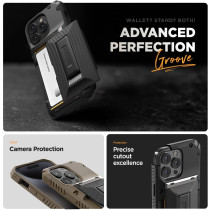 Vrs Design Damda Glide Hybrid Phone Case Designed For iPhone 15 Pro 2023, Functional Sturdy Wallet Card Holder Kickstand Case Compatible With iPhone 15 Pro, Khaki, 912860