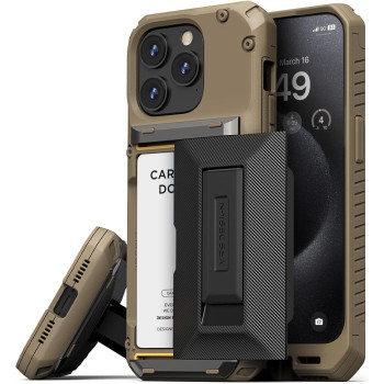 Vrs Design Damda Glide Hybrid Phone Case Designed For iPhone 15 Pro 2023, Functional Sturdy Wallet Card Holder Kickstand Case Compatible With iPhone 15 Pro, Khaki, 912860