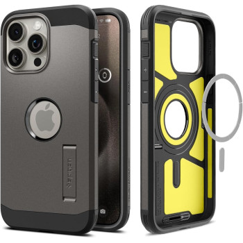 Spigen Magnetic Tough Armor MagFit Designed For iPhone 15 Pro Case, Military-Grade Protection Kickstand Compatible With MagSafe 2023, Gunmetal, ACS06732