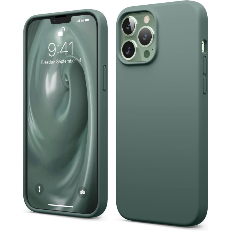 Elago Compatible With iPhone 13 Pro Max Case, Liquid Silicone Case, Full Body Screen Camera Protective Cover, Shockproof, Slim Phone Case, Anti-Scratch Soft Microfiber Lining, 6.7 inch, Midnight Green, ES13SC67-MGR