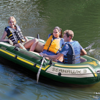 Intex Plastic Seahawk Inflatable Boat Set, 3-Person Set With Oars And Inflator