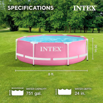 Intex 8 Feet By 30 Inches Easy To Assemble Large Round Metal Frame Above Ground Swimming Pool With Dual Suction Outlet Fittings, Pink