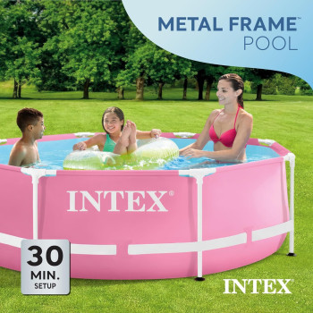 Intex 8 Feet By 30 Inches Easy To Assemble Large Round Metal Frame Above Ground Swimming Pool With Dual Suction Outlet Fittings, Pink