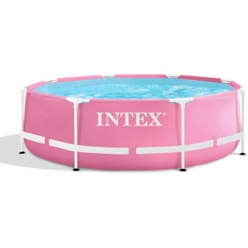 Intex 8 Feet By 30 Inches Easy To Assemble Large Round Metal Frame Above Ground Swimming Pool With Dual Suction Outlet Fittings, Pink