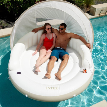 Intex Canopy Island Luxury 2 Person Pool Float With Detachable Fabric Sun Shade, Backrest, Built In Cup Holders, And Grab Rope, White