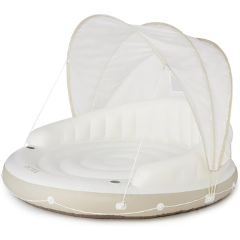 Intex Canopy Island Luxury 2 Person Pool Float With Detachable Fabric Sun Shade, Backrest, Built In Cup Holders, And Grab Rope, White
