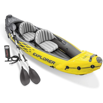 Intex Explorer K2 Inflatable Kayak Set Includes Deluxe 86In Aluminum Oars And High Output Pump Superstrong Pvc Adjustable Seats With Backrest 2 Person 400LB Weight Capacity
