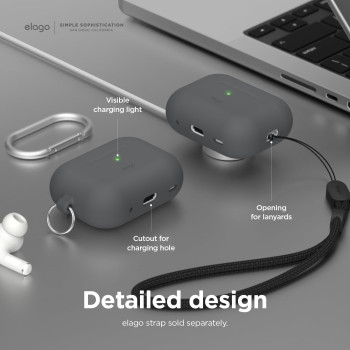 Elago Compatible With Airpods Pro 2 Case, Silicone Case With Keychain Compatible With Apple Airpods Pro 2nd Generation Case, Front LED Visible, Supports Wireless Charging, Dark Grey