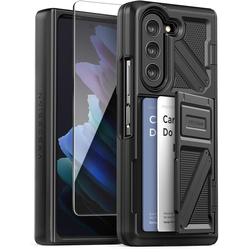 VRS Design Phone Case For Galaxy Z Fold 5 5G Phone Case Terra Guard Ultimate Go, Wallet Case Premium Sturdy Hinge Protection W/Tempered Glass Screen Protector, Matte Black