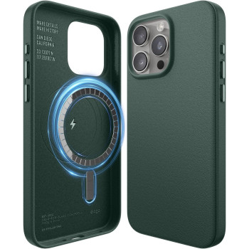 Elago Magnetic Leather Case Compatible With iphone 15 Pro Max Case, Compatible With All Magsafe Accessories, 6.7 Inch Built In Magnets, Vegan Leather, Shockproof, Water Resistant, Midnight Green