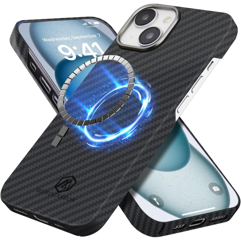 Monocarbon Real Aramid Fiber Case For iphone 15 Plus, Luxury 0.04 Ultra Thin And Light Slim Fit 6.7In Dropproof Cover With Aluminum Alloy Camera Protective Ring, Matte Black