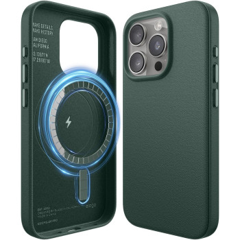 Elago Magnetic Leather Case Compatible With iphone 15 Pro Case, 6.1, Vegan Leather, Shockproof, Water-Resistant, Midnight Green