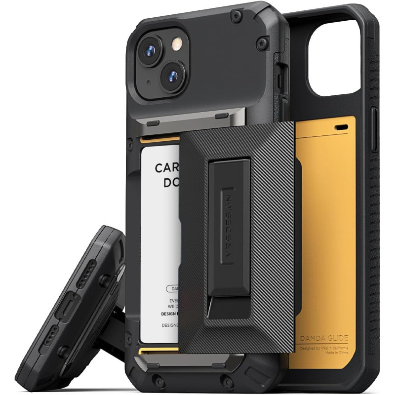 VRS Design Damda Glide Hybrid Phone Case Designed For iphone 15 Plus, Functional Sturdy Wallet Card Holder Kickstand Case Compatible With iphone 15 Plus, Matte Black