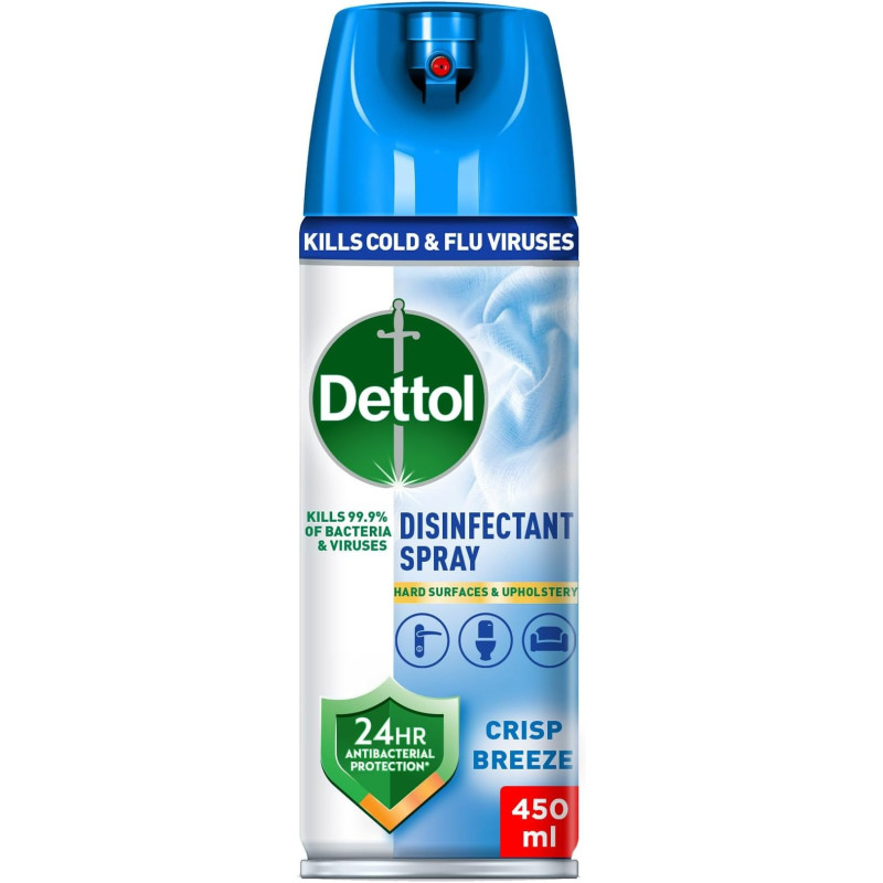 Dettol Crisp Breeze Antibacterial All In One Disinfectant Spray For Use On Sofa, Car Seats, Kitchen Surfaces, Kills 99.9 Percentage Of Bacteria And Viruses, 450Ml