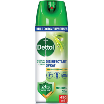 Dettol Morning Dew Antibacterial All In One Disinfectant Spray For Use On Sofa, Car Seats, Kitchen Surfaces, Kills 99.9 Percentage Of Bacteria And Viruses, 450Ml