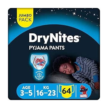 Huggies Drynites Pyjama Pants, 3-5 Years, Bed Wetting Diaper, Boy, 16-23 Kg, 4 x Jumbo Packs, 64 Pants