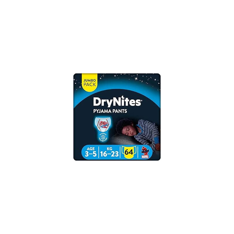 Huggies Drynites Pyjama Pants, 3-5 Years, Bed Wetting Diaper, Boy, 16-23 Kg, 4 x Jumbo Packs, 64 Pants