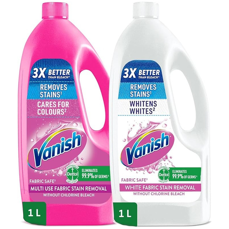 Vanish Crystal White Laundry Stain Remover Liquid For White Clothes 1L Plus Laundry Stain Remover Liquid For White And Coloured Clothes 1L, Pack Of 2