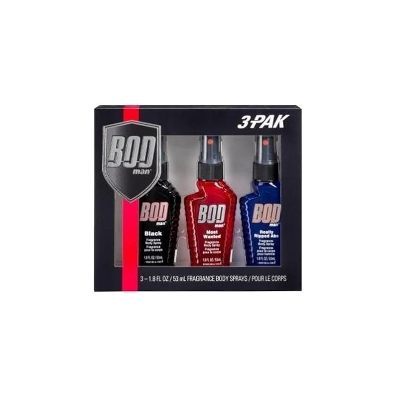 Bod Man Body Spray Pack Of 3 Styles, 53 ml, Black/Red/Blue, Most Wanted Really Ripped Abs
