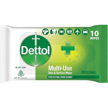 Dettol Disinfectant Skin And Surface Wipes, Original 10 Count Safe On Skin Ideal To Clean Multiple Surfaces Resealable Lock-Lid