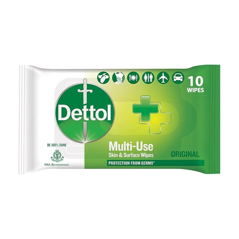 Dettol Disinfectant Skin And Surface Wipes, Original 10 Count Safe On Skin Ideal To Clean Multiple Surfaces Resealable Lock-Lid