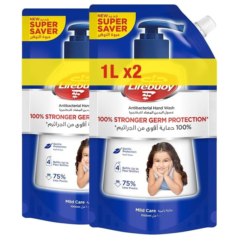 Lifebuoy Antibacterial Hand Wash Refill Pouch, Mild Care, For 100 Percent Stronger Germ Protection And Hygiene, 1000 ml x Pack Of 2