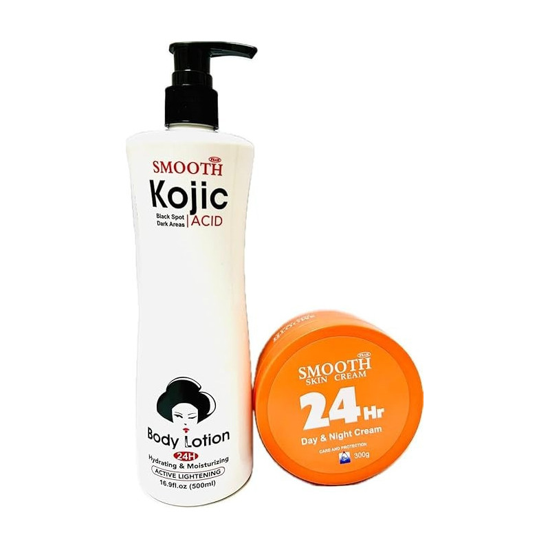 Smooth Kojic Acid Body Lotion 24hr Hydrating And Moisturizing Active Lightening 500 ml Plus Smooth Day And Night Cream 300 G