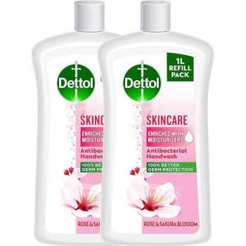 Dettol Skincare Hand Wash Liquid Soap Refill, Rose And Sakura Blossom Fragrance, 1L, Pack Of 2