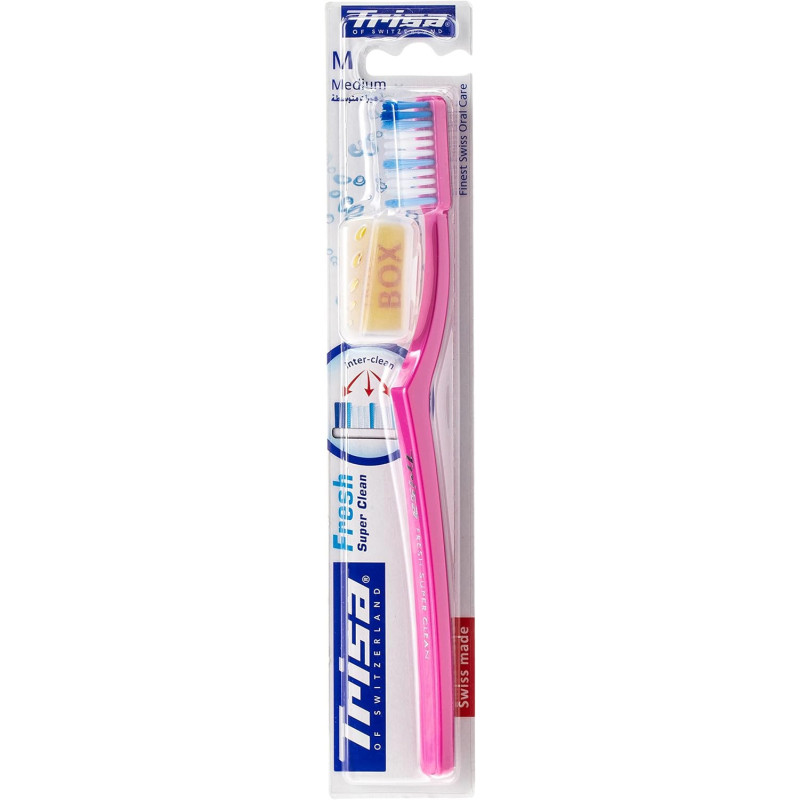 Trisa Fresh Super Clean Medium Toothbrush Swiss Made with Travel Cap And Finest Swiss Oral Care, Perfectly Rounded Filament Ends