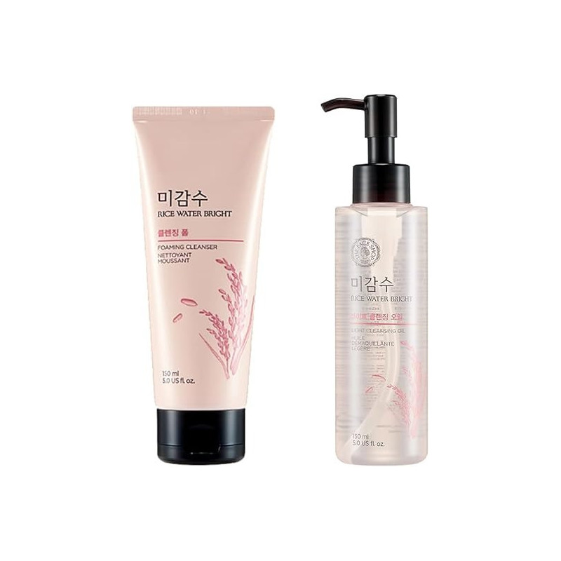 The Face Shop Double Cleanse Combo, Rice Water Bright Foaming Cleanser, 150 Ml, Plus Rice Water Bright Light Cleansing Oil, 150 Ml