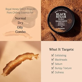 Skin Food Black Sugar Perfect Essential Scrub 2X, 210G, Facial Exfoliating Massage Scrub Without Irritation, Removes Blackheads And Dead Skin Cells For Rough Skin, Skin Smooth And Clear