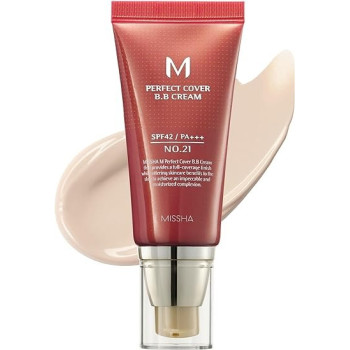 Missha M Perfect Cover Bb Cream, No.21 Light Beige For Bright Skin, Spf 42 Pa +++ 1.69 Fl Oz, Tinted Moisturizer For Face With Spf