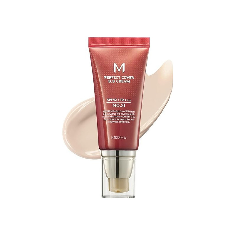 Missha M Perfect Cover Bb Cream, No.21 Light Beige For Bright Skin, Spf 42 Pa +++ 1.69 Fl Oz, Tinted Moisturizer For Face With Spf