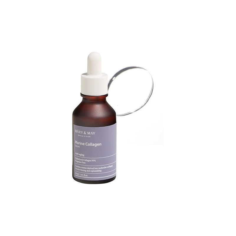 Mary And May Marine Collagen Serum, 95 Percentage Hydrolyzed Low Molecular Collagen For Skin Firming And Replenishing, Fragrance Free, 30 Ml