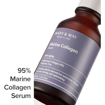 Mary And May Marine Collagen Serum, 95 Percentage Hydrolyzed Low Molecular Collagen For Skin Firming And Replenishing, Fragrance Free, 30 Ml