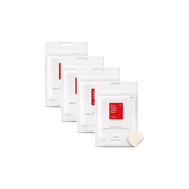 Cosrx Acne Pimple Patch Absorbing Hydrocolloid Spot Treatment Fast Healing, Three Sizes, 96 Count, Pack Of 4