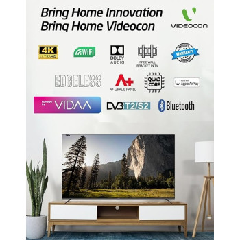 Videocon 55 Inch Edgeless 4K Uhd Smart TV With Bluetooth, Voice Mouse And Dolby Audio 2024, E55ELVD1100, Black
