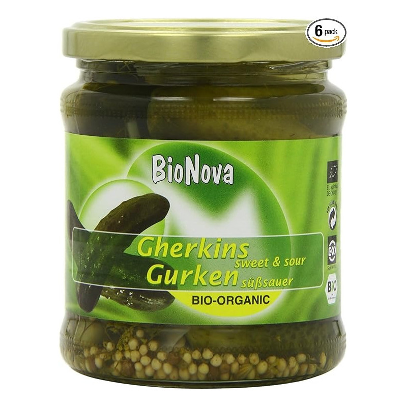 Bionova Organic Gherkins Sweet And Sour Providing A Balanced Sweet And Sour Flavor, 330 Gram