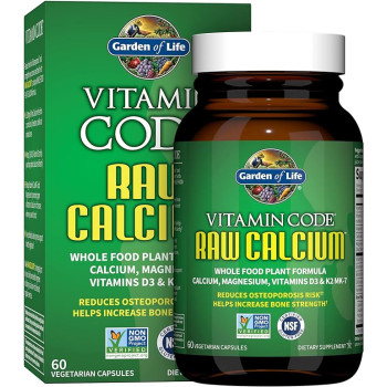 Garden Of Life Raw Calcium Supplement, Vitamin Code Made From Whole Foods With Magnesium, K2, Vitamin D3 And Vitamin C Plus Probiotics For Digestion, 60 Capsules