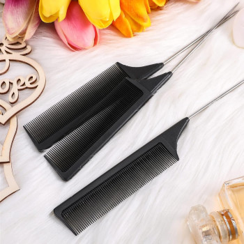Leinuosen 3 Pack Tail Comb Black Carbon Fiber And Stainless Steel Pintail And Heat Resistant Teasing Comb