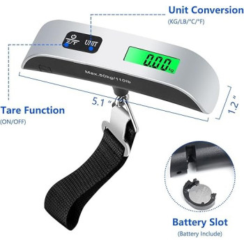 Vigind Digital Luggage Scale, Suitcase Scale With Temperature Sensor And 110 Pound Capacity Hanging Luggage Weight Scale For Travel, Battery Included