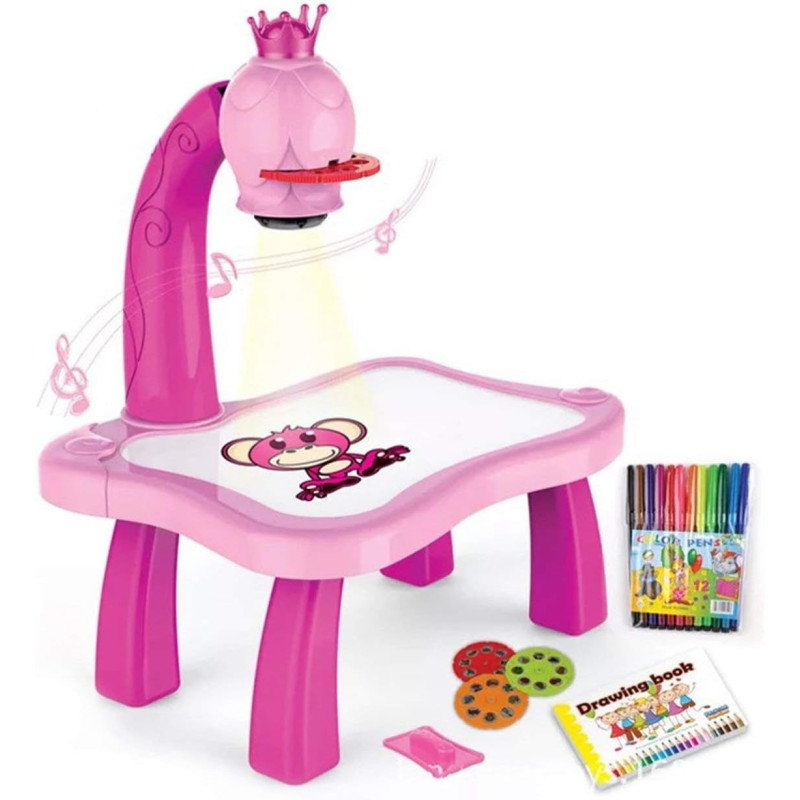 Fahionswanae Child Learning Desk With Smart Projector Kids Painting Table Toy With Light Music Children Educational Tool Drawing Table, Pink