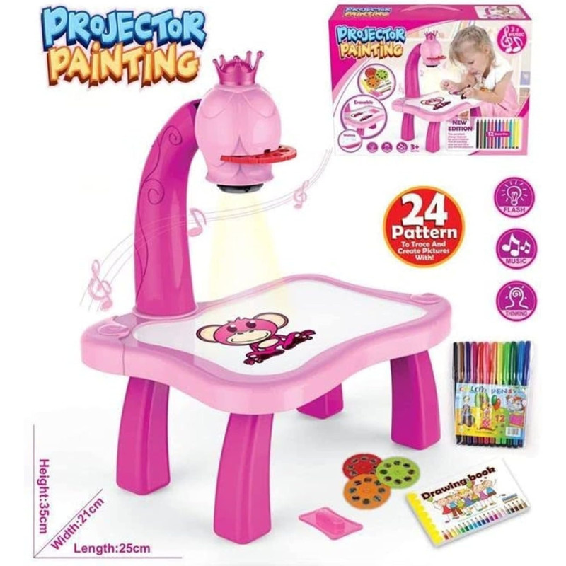 Indigo Drawing Projector For Kids With Light Music, Smart Projection Painting Set, Child Educational Learning Toys, Pink