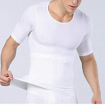 Men Corset Short Sleeves Tank Abdomen Vest Muscles Body Shaper, White (Xl)