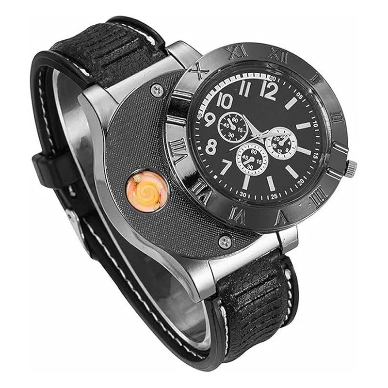 Enjoy-Unique New Military Usb Lighter Watch Men'S Casual Wristwatches With Windproof Flameless Cigarette Cigar Lighter, Black