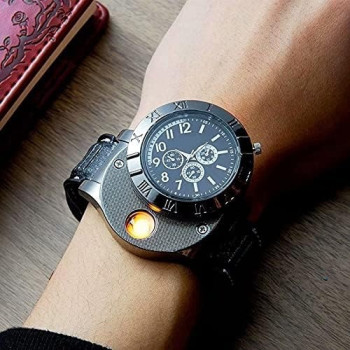 Enjoy-Unique New Military Usb Lighter Watch Men'S Casual Wristwatches With Windproof Flameless Cigarette Cigar Lighter, Black